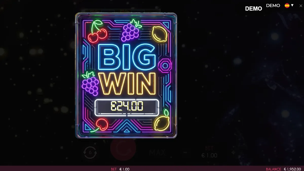 Interface do jogo Turbo Fortune Cherryways com luzes neon e símbolos de frutas