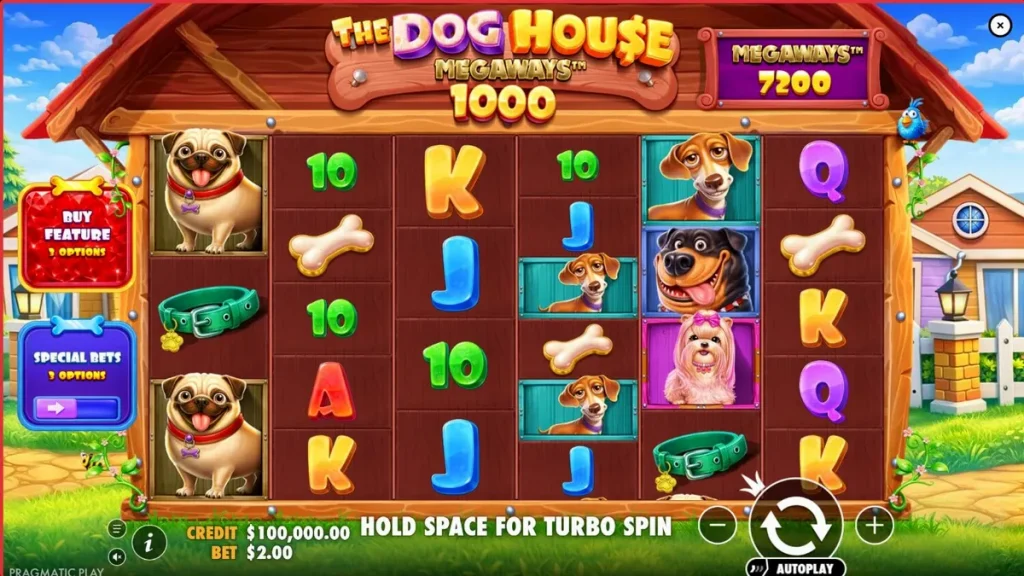 Interface vibrante do jogo de slot The Dog House Megaways 1000