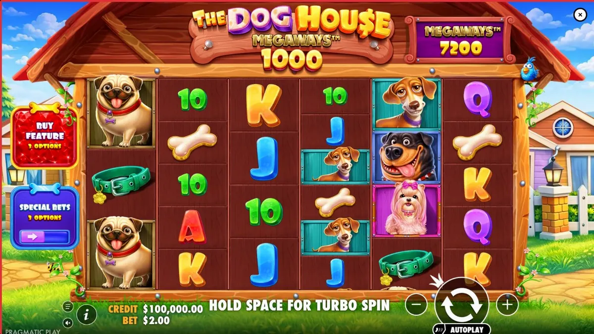 Interface vibrante do jogo de slot The Dog House Megaways 1000