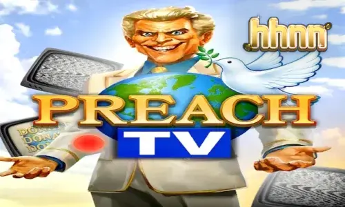 Interface do jogo Preach TV com o pregador e monitores de TV